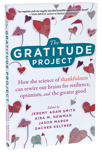 The Gratitude Project cover, with red illustrated leaves shaped like hearts