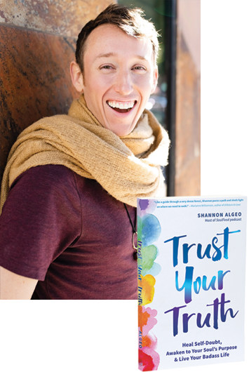 Shannon Algeo smiling in brown scarf and red shirt with Trust Your Truth book on right side